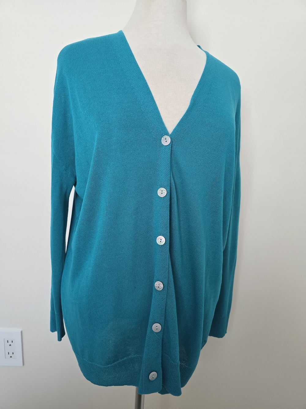 Zara Teal V-Neck Button-Front Cardigan Oversized Size S Cotton